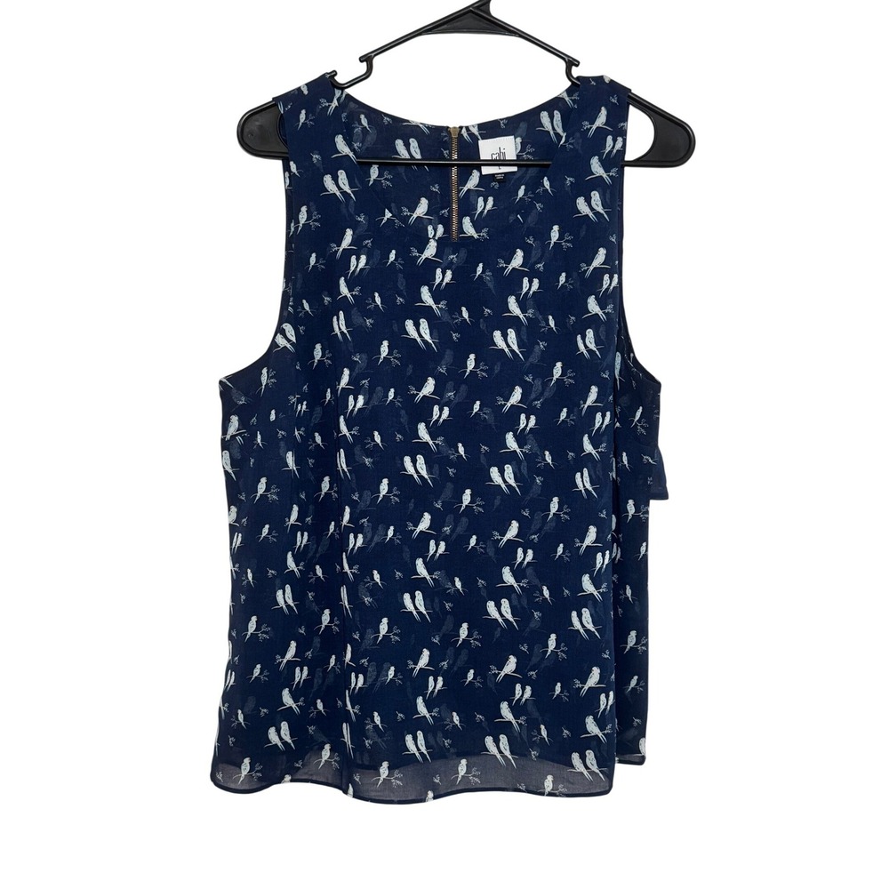 Cabi Navy Blue Bird Print Tiered Layered Back Sleeveless Blouse Top Large